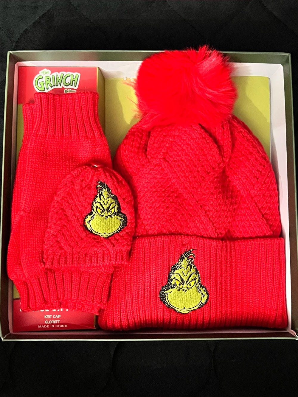 GRINCH Beanie w/ faux fur pom & embroidered gloves boxed set